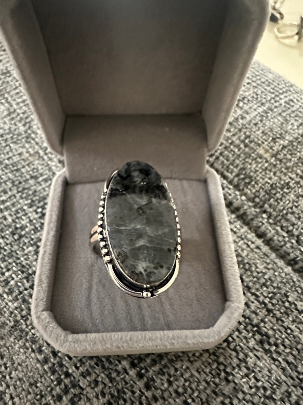 Oval Black-Grey Larvikite Statement Sterling Silver Ring Size 11